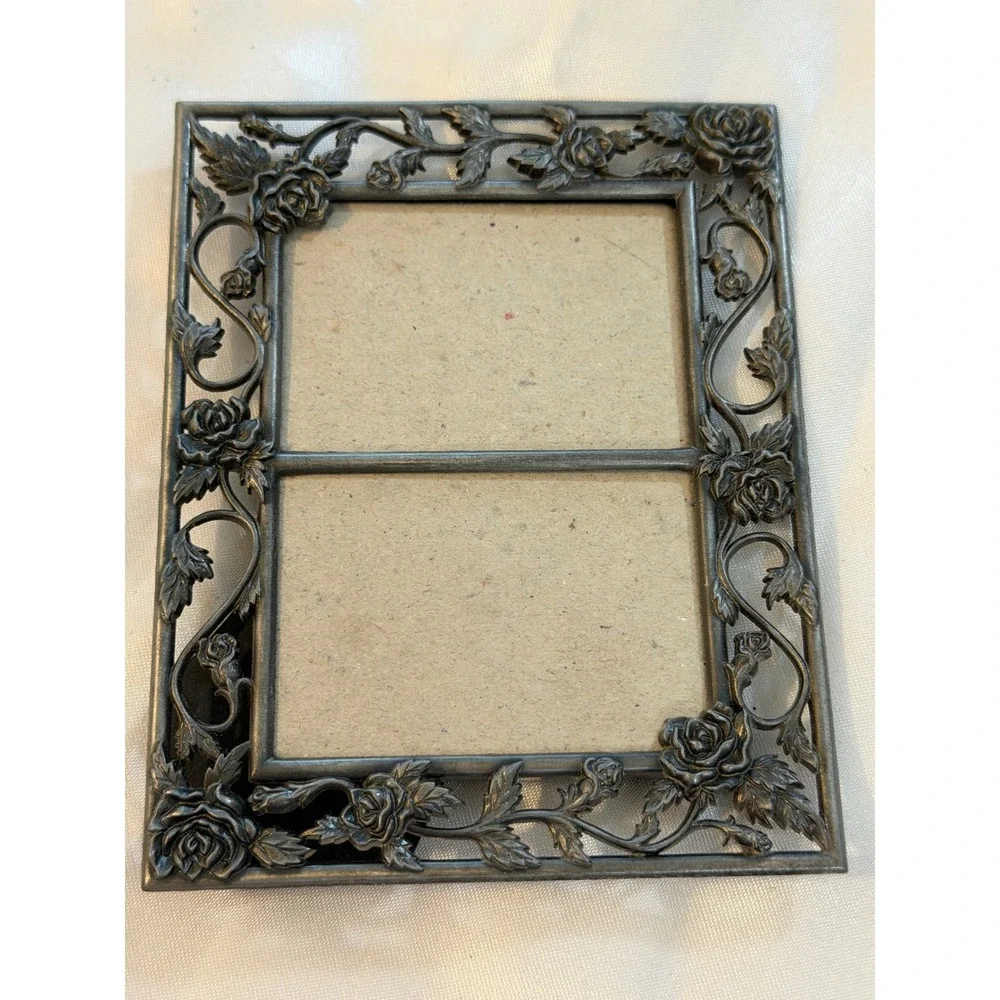 Vintage Pewter Tone Rose Filigree Double Photo Frame Floral 2x3 Horizontal